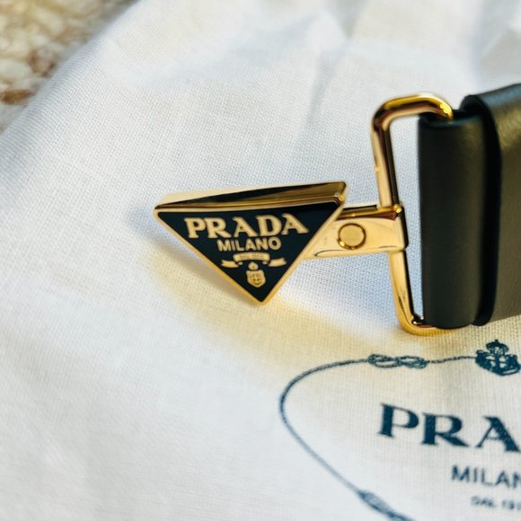 FREE SHIP Auth PRADA Olive / Military Green Leather Belt with Gold Logo Buckle - Picture 2 of 5
